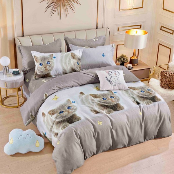 Lenjerie pat 1 PERSOANA,  FINET, 4 piese, Jojo Home, Gri, Pisicute [1]
