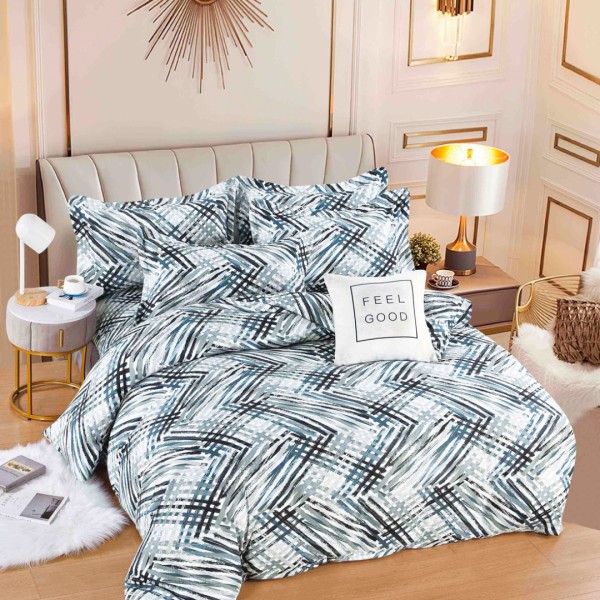 Lenjerie pat dublu, FINET, 6 piese, cu ELASTIC, Jojo Home, Alb, Albastru, dungi [1]
