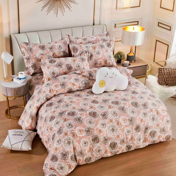 Lenjerie pat dublu, FINET, 6 piese, cu ELASTIC, Jojo Home, Piersica, Trandafiri [1]