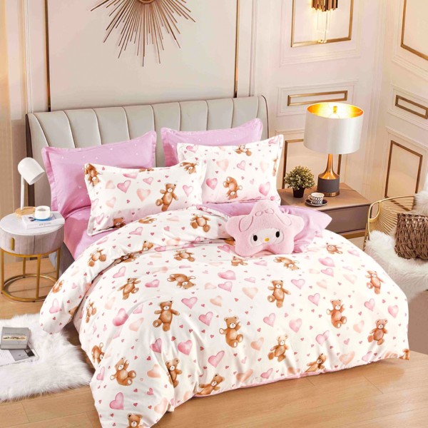 Lenjerie pat dublu, FINET, 6 piese, cu ELASTIC, Jojo Home, Crem, Roz, Ursuleti [1]
