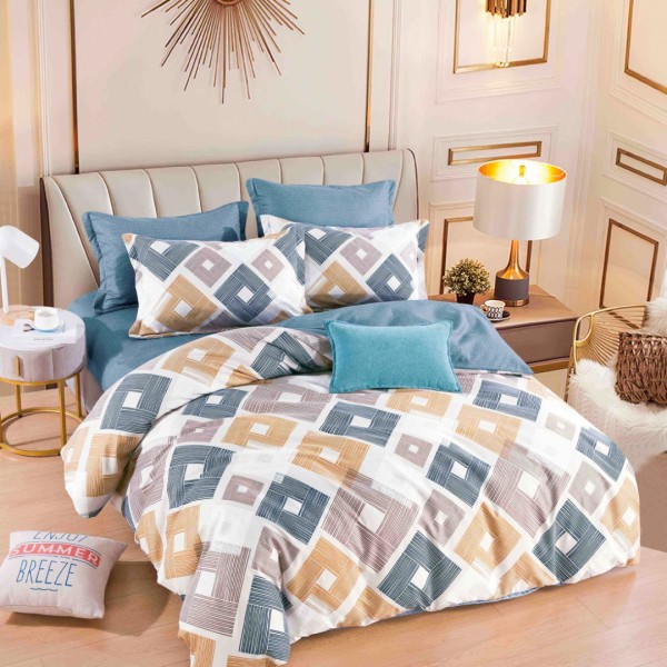 Lenjerie pat dublu, FINET, 6 piese, cu ELASTIC, Jojo Home, Alb, Albastru, Bej, Romburi [1]