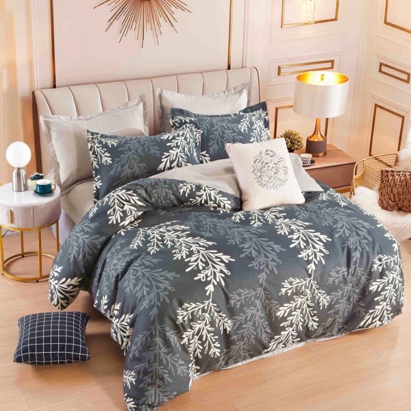Lenjerie pat dublu, FINET, 6 piese, cu ELASTIC, Jojo Home, Gri, Bej, Crengute [1]