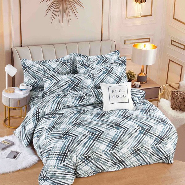Lenjerie pat dublu,  FINET, 6 piese, Jojo Home, Alb, Albastru, dungi [1]
