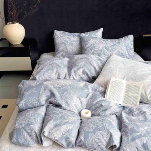 Lenjerie pat dublu, FINET, 6 piese, cu ELASTIC, Jojo Home, Bleu, frunze Lenjerie pat dublu, FINET, 6 piese, cu ELASTIC, Jojo Home, Bleu, frunze