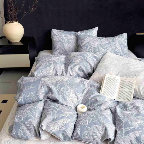 Lenjerie pat dublu, FINET, 6 piese, cu ELASTIC, Jojo Home, Bleu, frunze [1]
