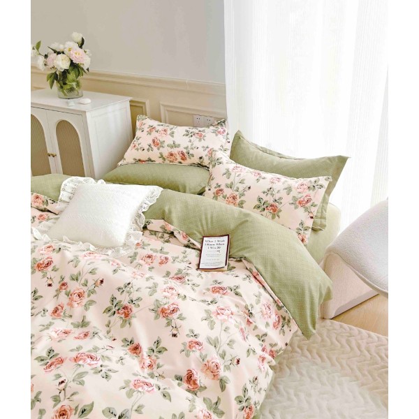 Lenjerie pat dublu, FINET, 6 piese, cu ELASTIC, Jojo Home, Crem, Vernil, flori [1]