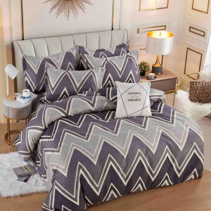 Lenjerie pat dublu, FINET, 6 piese, cu ELASTIC, Jojo Home, Gri, Mov, Zig-Zag