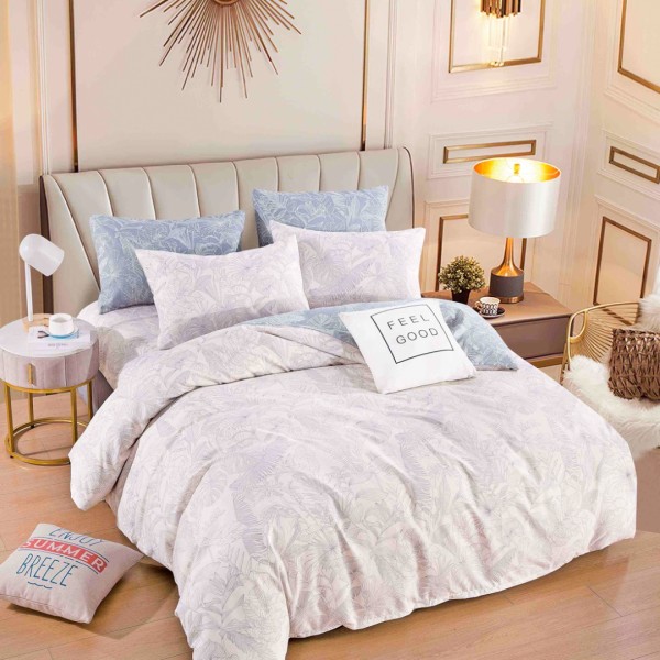 Lenjerie pat dublu, FINET, 6 piese, cu ELASTIC, Jojo Home, Bej deschis, frunze [1]