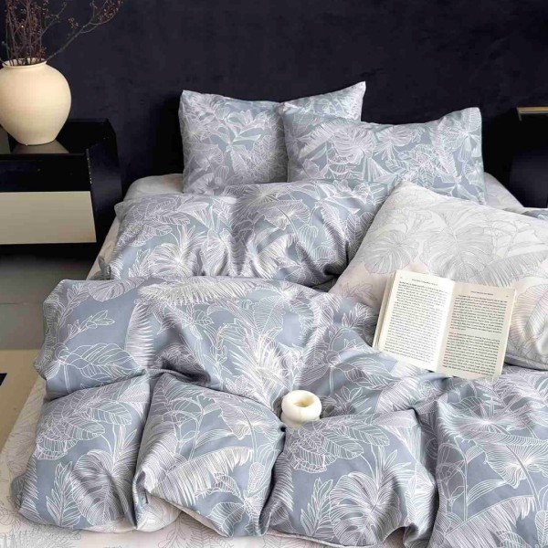Lenjerie pat dublu,  FINET, 6 piese, Jojo Home, Bleu, frunze [1]