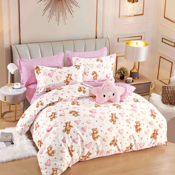 Lenjerie pat dublu,  FINET, 6 piese, Jojo Home, Crem, Roz, ursuleti [1]