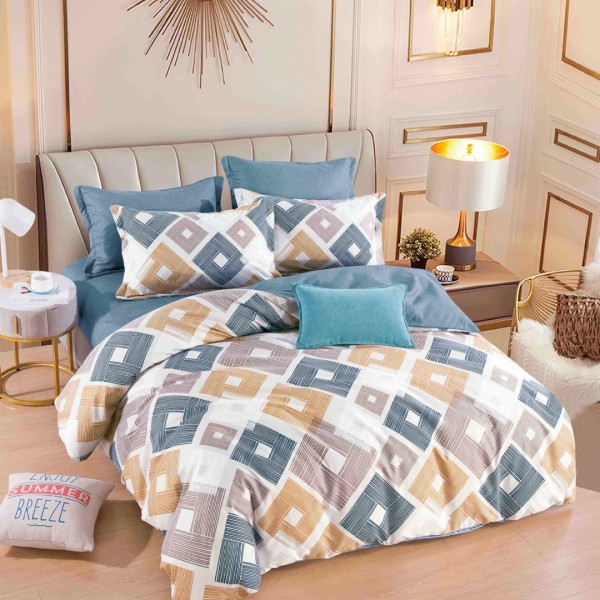 Lenjerie pat dublu,  FINET, 6 piese, Jojo Home, Crem, Albastru, romburi [1]