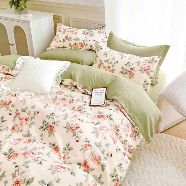 Lenjerie pat dublu,  FINET, 6 piese, Jojo Home, Crem, Verde, floricele [1]