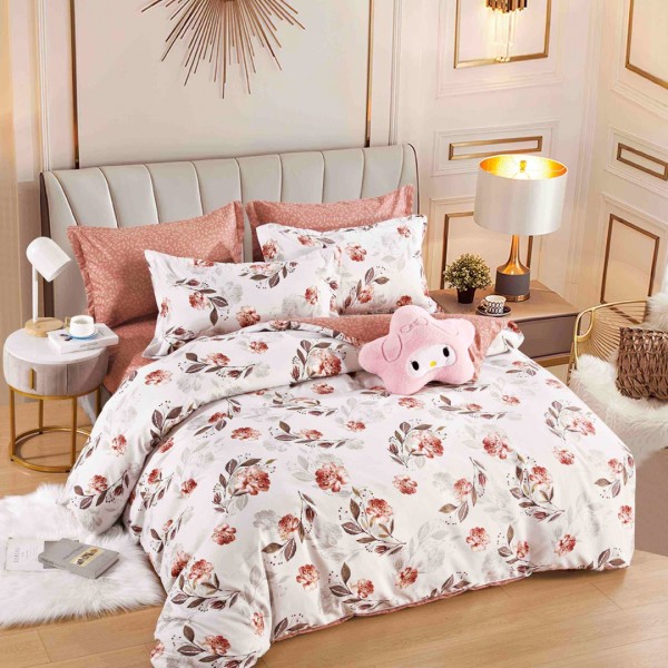 Lenjerie pat dublu,  FINET, 6 piese, Jojo Home, Alb, Bej, flori [1]