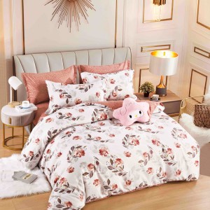 Lenjerie pat dublu, FINET, 6 piese, cu ELASTIC, Jojo Home, Crem, Roz, flori