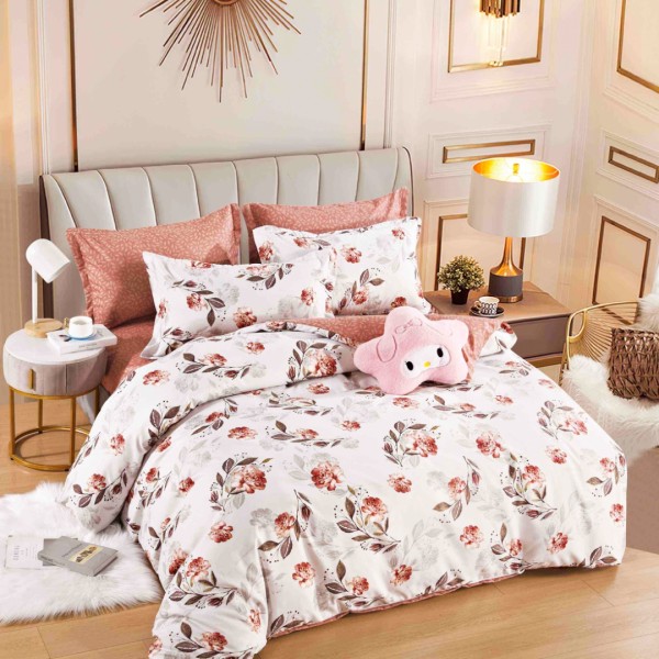 Lenjerie pat dublu, FINET, 6 piese, cu ELASTIC, Jojo Home, Crem, Roz, flori [1]