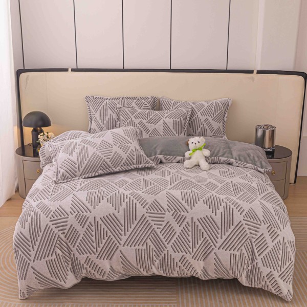 Lenjerie pat dublu, Super Pufoasa COCOLINO,cu ELASTIC, 4 piese, Jojo Home, Gri, Dungi [1]