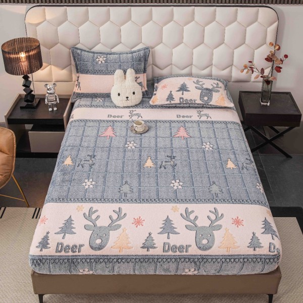 Cearsaf CoCoLiNo, JoJo Home, cu Elastic, 180x200x25cm, 2 fete de perne, 50x70cm, Gri, Alb, Reni, Fulgi de Nea [1]