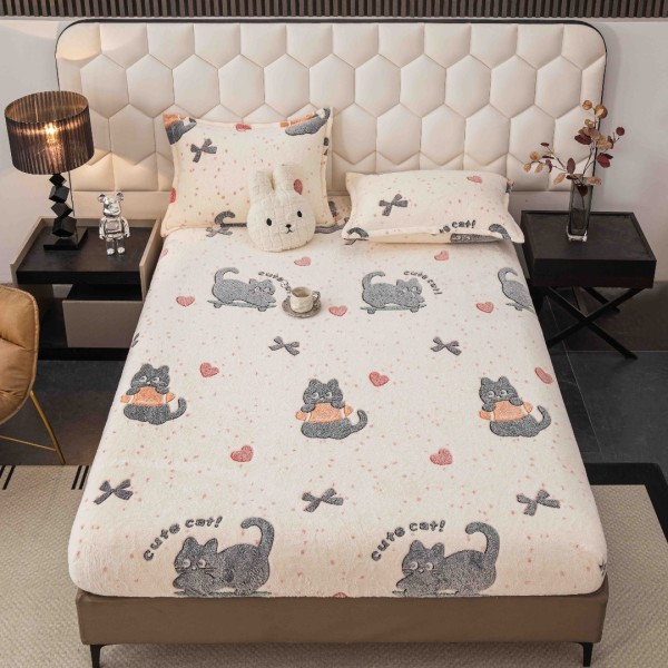 Cearsaf CoCoLiNo, JoJo Home, cu Elastic, 180x200x25cm, 2 fete de perne, 50x70cm, Crem, Pisicute [1]