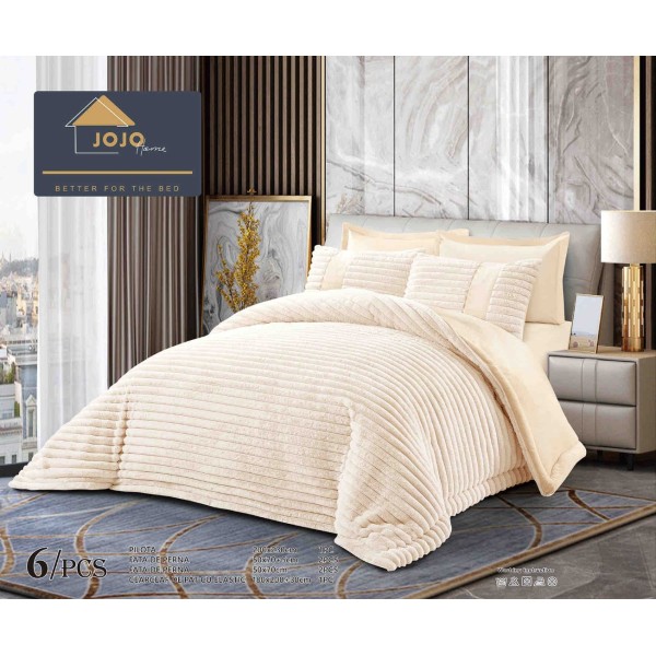 Lenjerie de pat cu Pilota Inclusa, Jojo Home, Cearceaf cu Elastic, 6 Piese, Blană de Iepure Artificială, Crem [1]