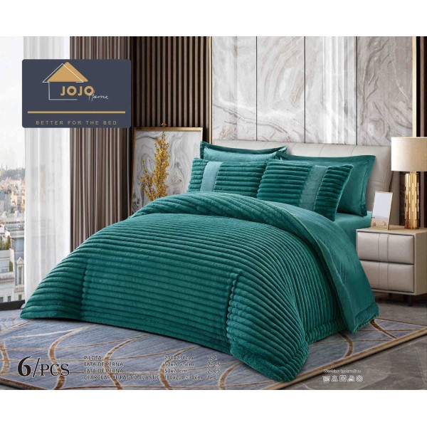 Lenjerie de pat cu Pilota Inclusa, Jojo Home, Cearceaf cu Elastic, 6 Piese, Blană de Iepure Artificială, Verde [1]