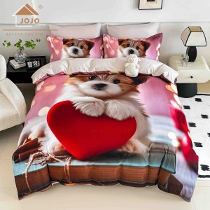 Lenjerie pat dublu, FINET, Imprimeu Digital 5D - Identic cu poza, Cu ELASTIC, 6 piese, Jojo Home, Roz, Catelus cu Inimioara