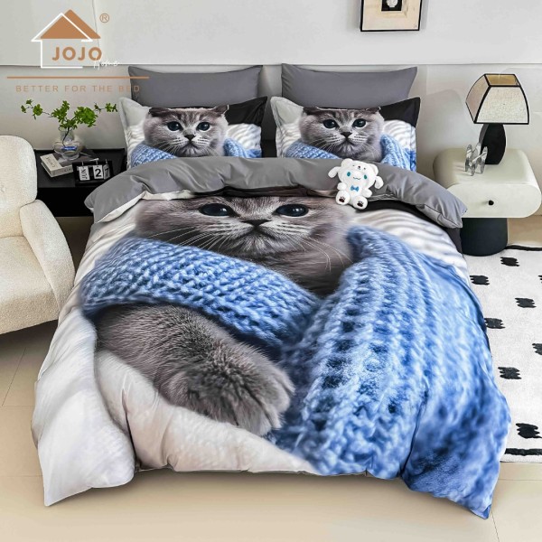 Lenjerie pat dublu, FINET, Imprimeu Digital 5D - Identic cu poza, Cu ELASTIC, 6 piese, Jojo Home, Gri, Bleu, Pisicuta [1]