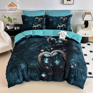 Lenjerie pat dublu, FINET, Imprimeu Digital 5D - Identic cu poza, Cu ELASTIC, 6 piese, Jojo Home, Turquoise inchis, Inima Oceanului