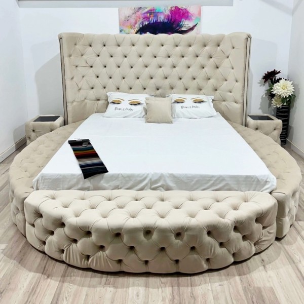 Pat Tapițat Rotund, pentru saltea de 140x200cm, Crem deschis  cu Nasturi - model RING - cu somiera rabatabilă [1]