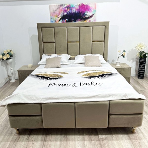 Pat Matrimonial, cu Lada de Depozitare, pentru Saltea de 160x200cm, Cappuccino - model SOLANGE - cu Somiera Rabatabila [1]