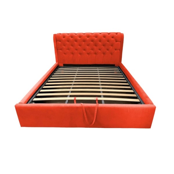 Pat Matrimonial, cu Lada de Depozitare, pentru saltea de 160x200cm, Tapițat Stil Chesterfield, Portocaliu, cu Nasturi - model CRYSTAL - cu Somiera Rabatabila [1]