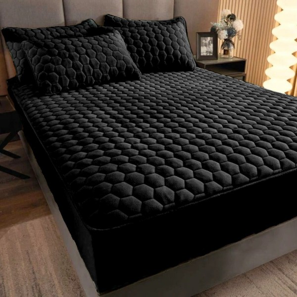 Husã matlasatã tip topper din catifea, 160x200cm + 2 fete de perna 50x70cm, negru [1]