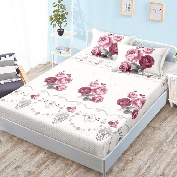 Cearsaf cu elastic, Bumbac FINET, 160x200cm, 2 fete de perne 50x70cm, Alb, Roz, Flori [1]