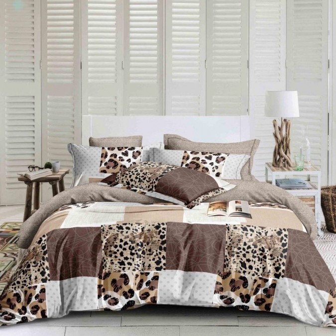 Lenjerie Pat Dublu   FINET  6 piese  Bej  Maro  animal print