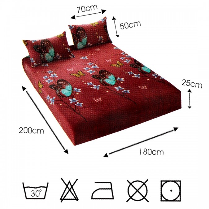 Cearșaf cu Elastic Cocolino 180x200x25 cm – Set cu 2 Fețe de Pernă, Gros și Pufos, Calitate Premium pentru Confort și Eleganță, Grena, Fluturi