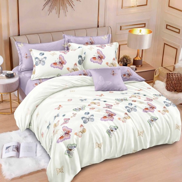 Lenjerie pat dublu (140x200cm, 160x200cm, 180x200cm),  FINET, 6 piese, Lila, fluturi [1]