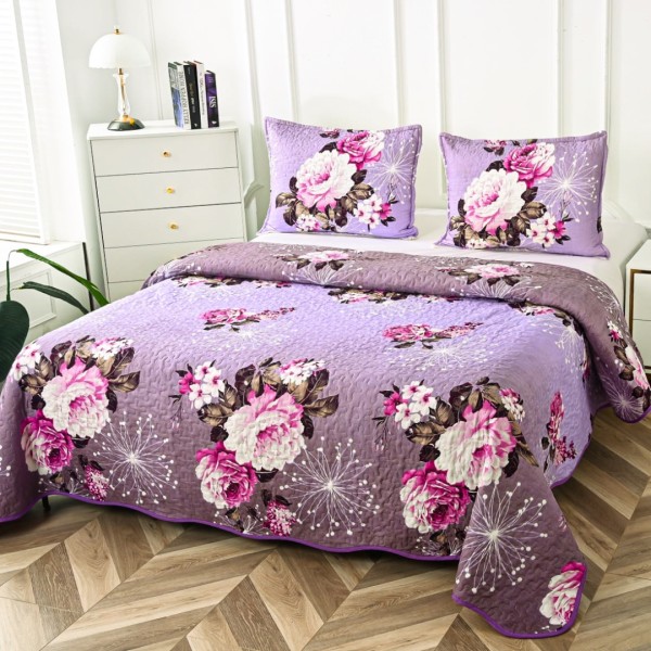 Cuvertura Matlasata din Bumbac Satinat, cu Bordura în Valuri (220x230 cm) + 2 Fete de Perna (60x80 cm), Lila, Flori [1]