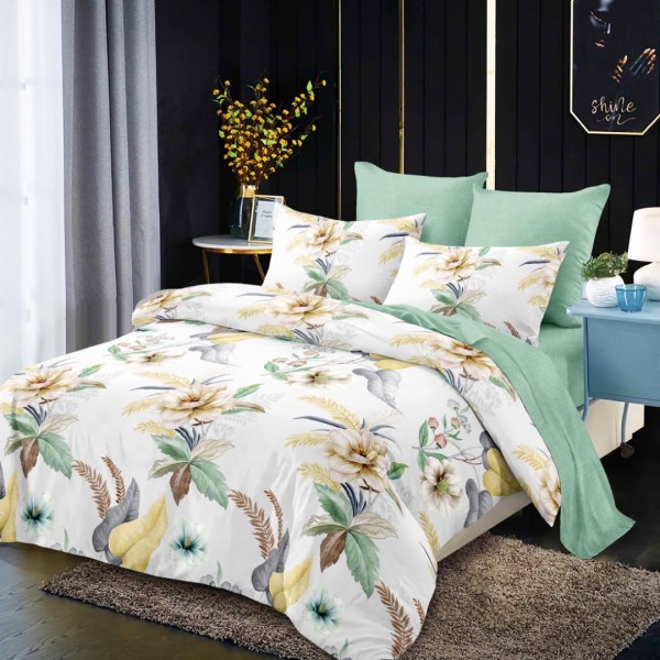 Lenjerie pat dublu,  FINET, cu elastic, 6 piese, Alb, Verde, Flori [1]