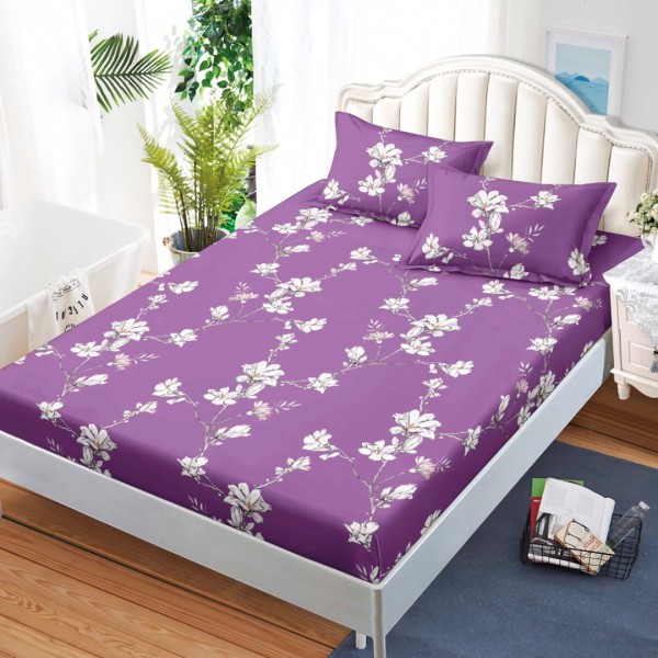 Cearsaf cu elastic, Bumbac FINET, 160x200cm, 2 fete de perne 50x70cm, Mov, Flori [1]