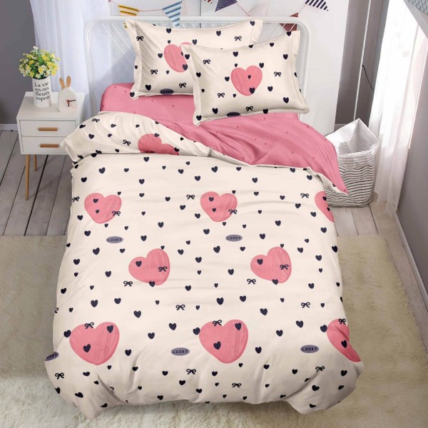 Lenjerie pat 140x200cm,  FINET, 4 piese, cu ELASTIC, Crem, Roz, inimioare [1]
