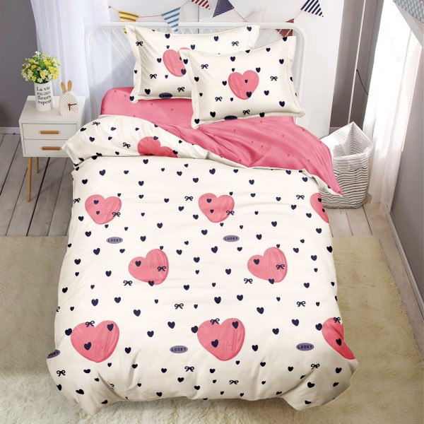 Lenjerie pat 1 PERSOANA, FINET, 4 piese, Crem, Roz, inimioare [1]