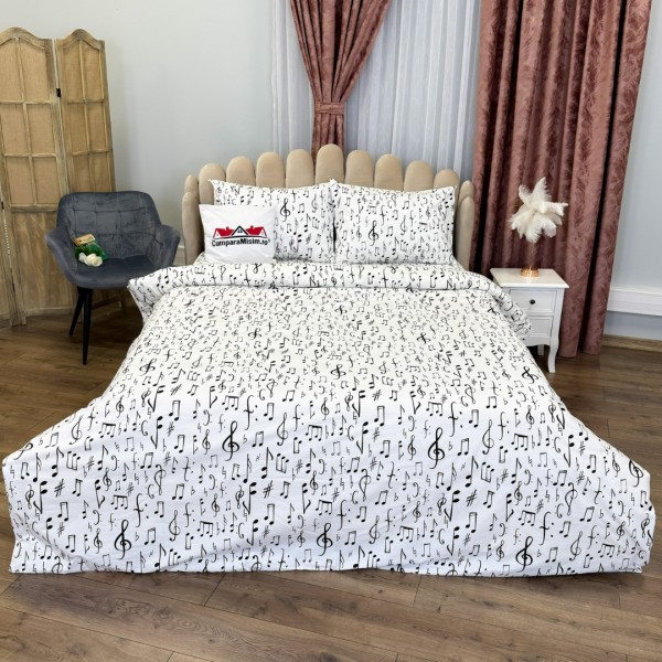 Lenjerie Pat Dublu, Bumbac Ranforce, 4 piese, Atelier Cumparamisim - Lux Suprem, Rafinament Desăvârșit, Confort Regal, Alb, Negru, note muzicale [1]