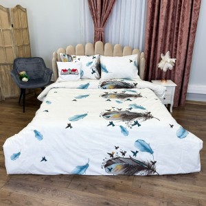 Lenjerie de Pat Dublu, Policoton Ranforsat, 4 piese, Atelier Cumparamisim, Alb, Bleu, Pene Lenjerie de Pat Dublu, Policoton Ranforsat, 4 piese, Atelier Cumparamisim, Alb, Bleu, Pene