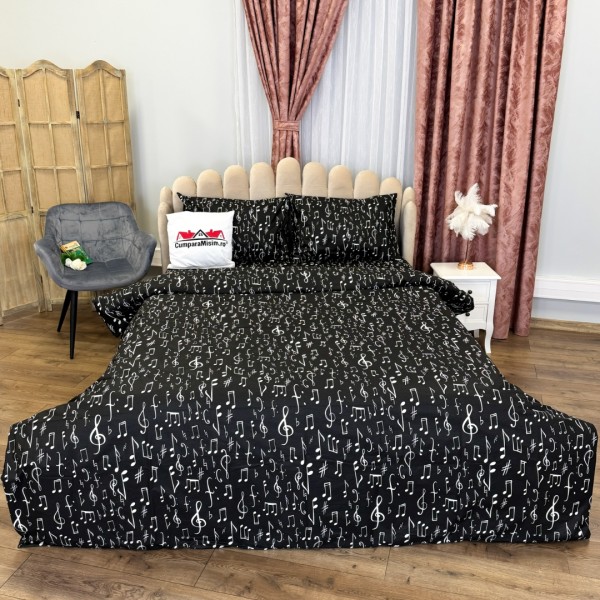 Lenjerie Pat Dublu, Bumbac Ranforce, 4 piese, Atelier Cumparamisim - Lux Suprem, Rafinament Desăvârșit, Confort Regal, Negru, note muzicale [1]