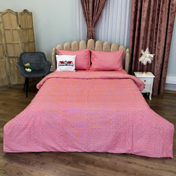 Lenjerie Pat Dublu, Bumbac Ranforce, 4 piese, Atelier Cumparamisim - Lux Suprem, Rafinament Desăvârșit, Confort Regal,Roz, patratele [1]