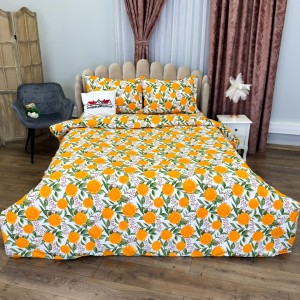 Lenjerie Pat Dublu, Bumbac Ranforce, 4 piese, Atelier Cumparamisim - Lux Suprem, Rafinament Desăvârșit, Confort Regal,Alb,Portocaliu, portocale