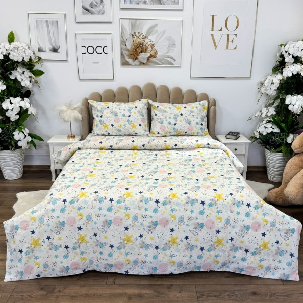 Lenjerie de Pat Dublu, Policoton Ranforsat, 4 piese, Atelier Cumparamisim, Multicolor, planete [1]