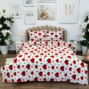 Lenjerie de Pat Dublu, Policoton Ranforsat, 4 piese, Atelier Cumparamisim, Alb, Rosu, inimioare