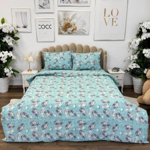 Lenjerie de Pat Dublu, Policoton Ranforsat, 4 piese, Atelier Cumparamisim, Bleu, unicorni