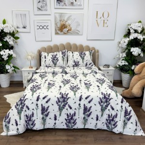 Lenjerie de Pat Dublu, Policoton Ranforsat, 4 piese, Atelier Cumparamisim, Alb, Mov, lavanda