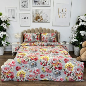 Lenjerie de Pat Dublu, Policoton Ranforsat, 4 piese, Atelier Cumparamisim, Gri,flori